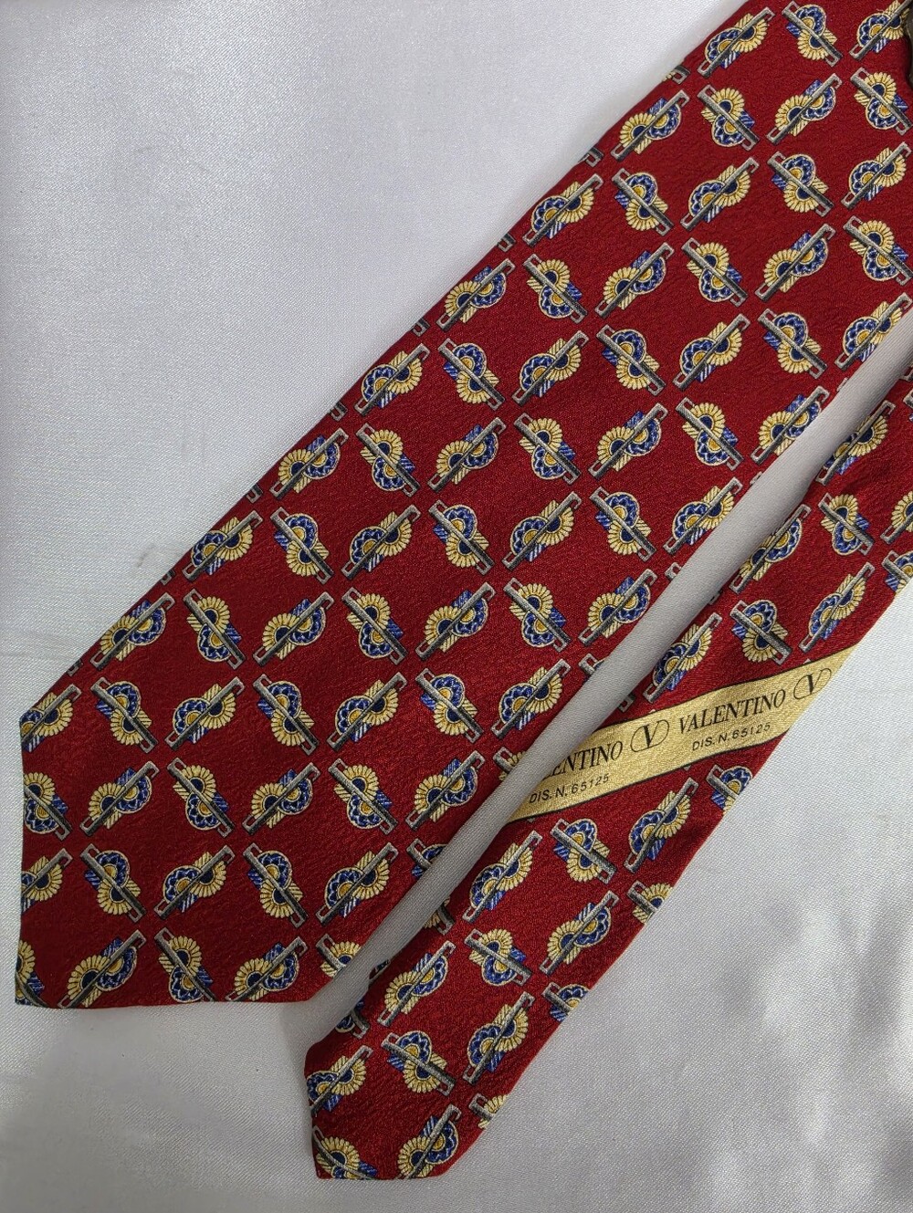 Valentino Red Silk Tie with Gold and Blue Motif